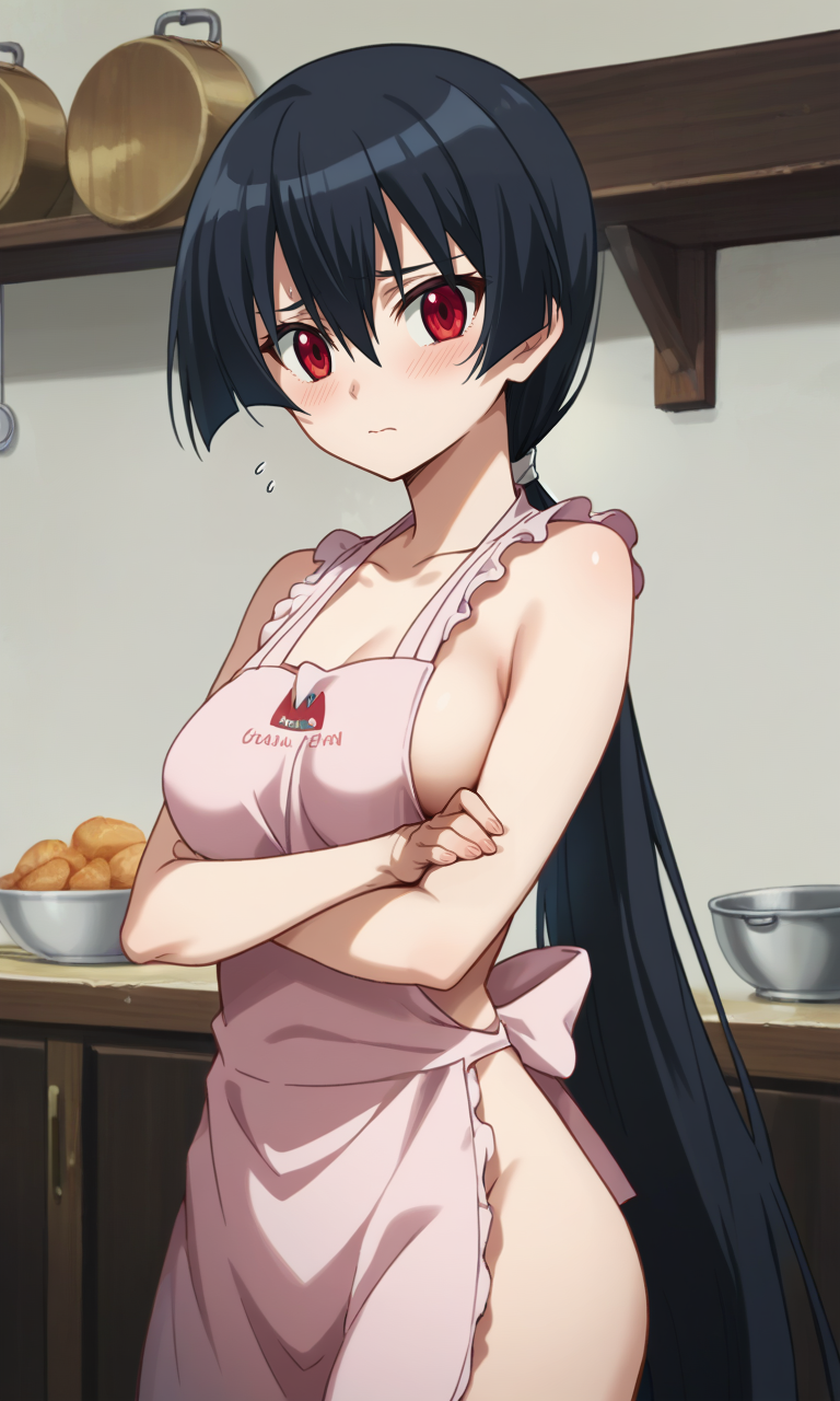 score_9, score_8_up, score_7_up, 1girl, akame, red_eyes, black_hair, very_long_hair, hair_between_eyes, medium_breasts, naked_apron, pink_apron, looking_at_viewer, crossed_arms, embarrassed, indoors, low_ponytail, sideboob,
