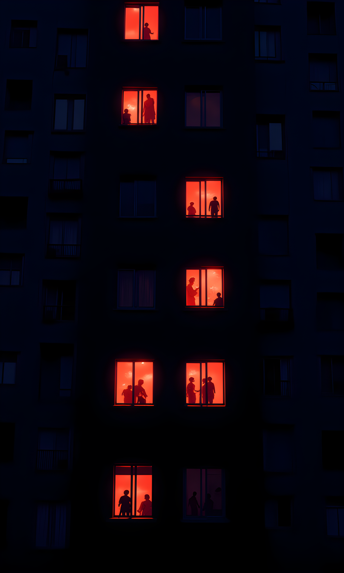 The subject of the image is a high-rise apartment building at night. The focus is on a specific section of the building where several windows are illuminated with a warm, reddish-orange light. These lit windows stand out against the darker, unlit sections of the building, creating a striking visual contrast.
There are no facial expressions visible in this image as it does not feature any individuals up close. However, the silhouettes of people can be seen within some of the lit windows, suggesting activity and life within the building.
The people visible through the lit windows appear to be engaged in various activities. Some are standing or moving around, while others seem to be sitting or interacting with each other. Their poses suggest a sense of normalcy and routine within the confines of their homes.
The clothing of the individuals inside the building is not clearly visible due to the distance and the lighting. However, the silhouettes suggest that they are dressed in casual, everyday attire suitable for being at home.
The camera is positioned at a distance, capturing the entire facade of the building. The angle is slightly tilted, which adds a dynamic element to the composition. The framing focuses on the central section of the building where the lit windows are most prominent, drawing attention to the activity within.
The lighting in the image is predominantly dark, with the exception of the warm, reddish-orange light emanating from the lit windows. This light creates strong contrasts between the illuminated areas and the shadows, adding depth and texture to the scene. The interplay of light and shadow enhances the overall mood and atmosphere of the image.
The background consists of the rest of the apartment building, which is mostly dark and unlit. The uniformity of the building's architecture, with its rows of windows and balconies, provides a structured and repetitive backdrop. The few lit windows break this uniformity, creating points of interest and drawing the viewer's eye.
The composition is centered around the lit windows, which form a vertical line running down the center of the building. This vertical line is balanced by the horizontal lines of the building's architecture, creating a sense of order and symmetry. The contrast between the warm, inviting light of the windows and the cool, dark tones of the surrounding building adds a layer of visual interest and emotional depth. The overall effect is a compelling and thought-provoking image that captures a moment of life within an urban environment.
BREAK j_art, anime, anime art, <lora:FLUX\Anime Art V3:0.1>, <lora:FLUX\jul\J_Anime:1.0>