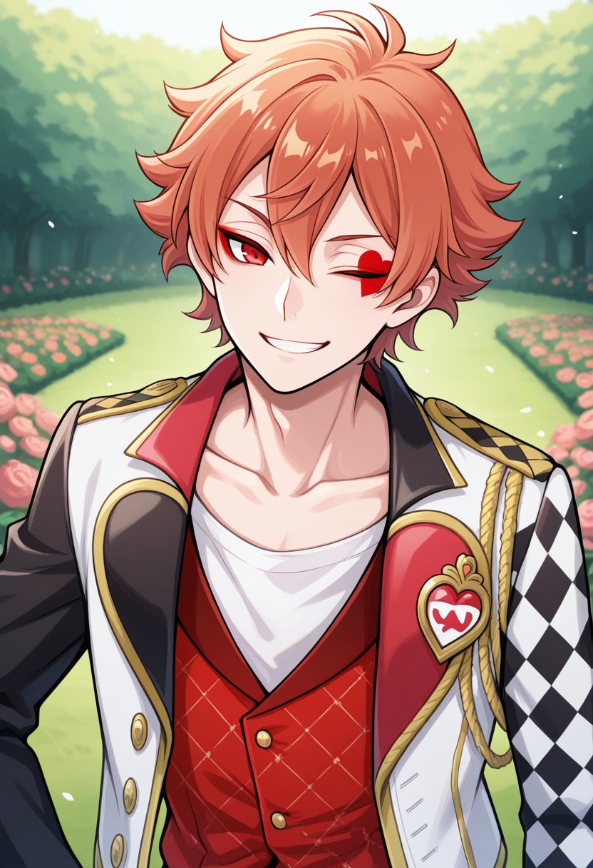 masterpiece,best quality,amazing quality, source_anime, 
acetrappola, 1boy, male focus, solo, red eyes, orange hair, facial tattoo, heart tattoo, dorm uniform, collarbone, shirt, white shirt, vest, red vest, jacket, flower, multicolored jacket, black and white jacket, open jacket, smile, one eye closed, 
cards, alice in wonderland, garden,