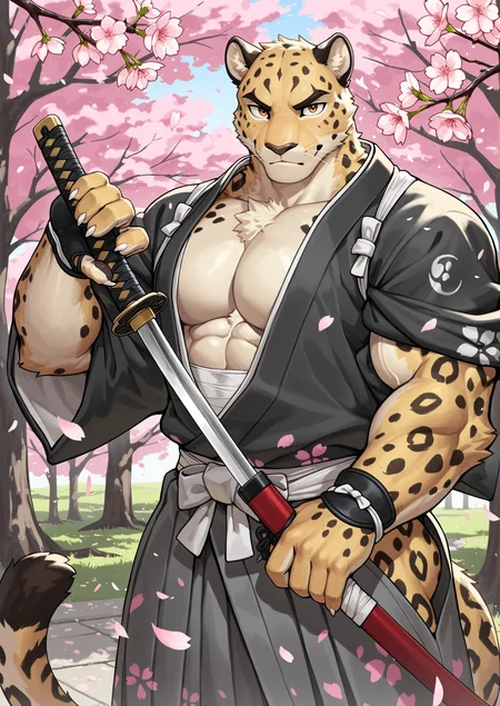 male furry,bara,Muscles,perfect anatomy,huge biceps,handsome,huge chest,adult,mature,smooth,
Leopard,japanese clothes,kimono,ronin,samurai,Chodachi,cherry blossoms,long 1sword,Iai slash,firm eyes,falling cherry blossoms,flying cherry blossom petals,loot at you,Ronin clothes,attack stance,
BREAK masterpiece, best quality, very aesthetic, high quality, newest, very awa, detailed fur texture,5fingers,claws,