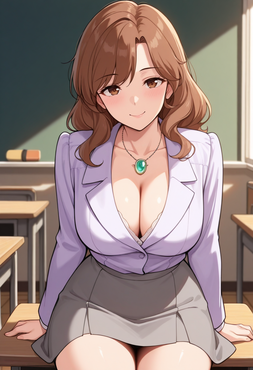 masterpiece, best quality, 1girl, looking at viewer, smile, cowboy shot, assertive female, classroom, sitting on desk
<lora:zs_OharaILLU:1> oharamt, brown hair, long hair, brown eyes, green pendant, white jacket, cleavage, grey skirt, mature lady