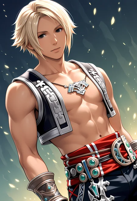 masterpiece, best quality, amazing quality, dutch angle, abstract background, BREAK
solo, male focus, adult male, ff12_vaan, 1boy, blonde hair, black eyes, armor, BREAK
<lora:cfg_scale_boost:.6> <lora:Vaan_-_Final_Fantasy_XII_-_ILXL:0.6>