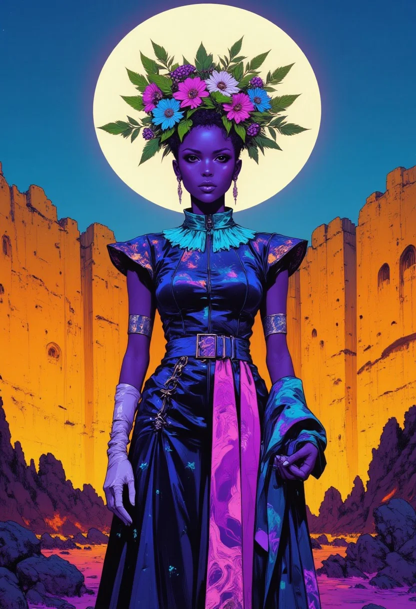 A woman stands at the center, her glowing violet mid-length dress shimmering with an iridescent cyan collar and a deep indigo belt. The abstract patterns on the fabric appear almost liquid, shifting with the light. Her left hand, encased in a radiant white glove, rests on her hip, while her right hand holds a folded ultramarine garment that seems to pulse with an ambient glow. Atop her head, an elaborate floral headpiece bursts with neon green leaves, electric blue flowers, and glowing magenta berries, each element casting a soft bioluminescent light against her attire. The background is divided into three striking sections: the top radiates with an ethereal cerulean hue, blending into a golden amber middle section, where a large luminous white circle hovers like an artificial sun. The lower portion glows with intense neon crimson, creating a dramatic contrast. The entire composition fuses futuristic surrealism with high-fashion elegance, bathed in an atmosphere of luminous vibrancy and dreamlike modernity. in the style of cksc,, fantasy painting
