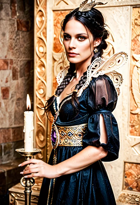 CyberRealisticPony_POSV1
score_9, score_8_up, score_7_up, ((realistic)), 8k,
masterpiece, best quality, ultra-detailed, cinematic lighting, fantasy realism, elegant sorceress, powerful woman, standing in a gothic stone chamber, magical sigils glowing on the walls, raven-black hair in a regal updo, wearing a dark purple velvet robe with gold embroidery, subtle owl motifs, golden eyes with vertical pupils (hidden under illusion), intelligent, composed expression, dark academic atmosphere, ambient candlelight, shadowplay across face, sorcery aura, inspired by Philippa Eilhart, The Witcher, full body, looking at viewer, artstation, intricate details
W3Philippa, 1girl, long hair, black hair, twin braids