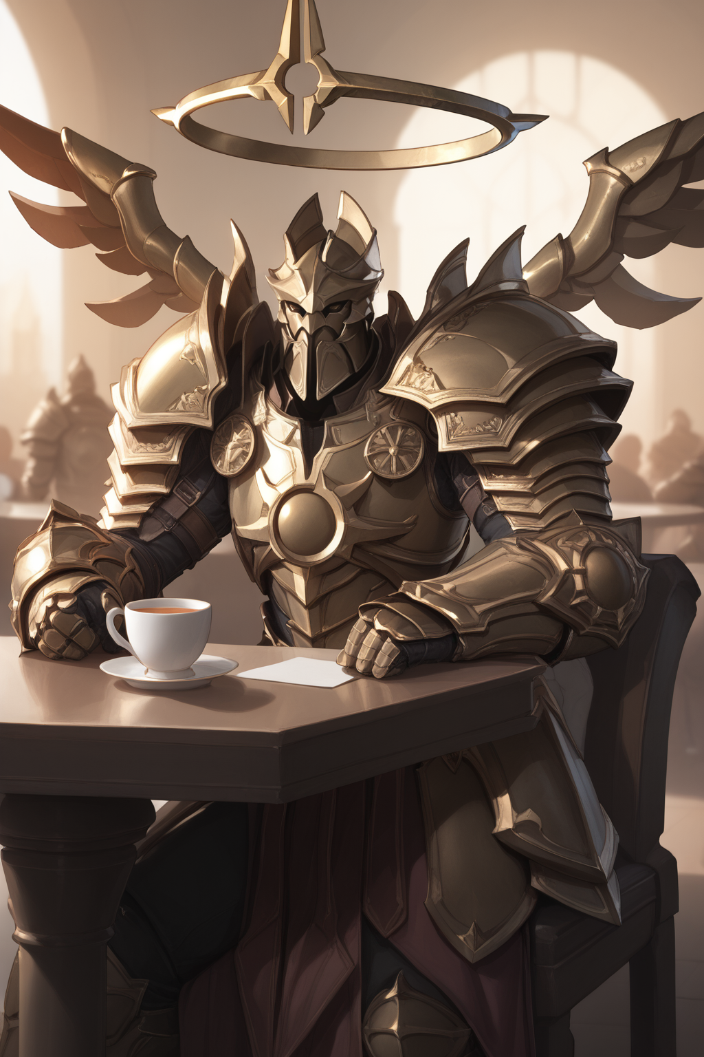 score_9, score_8_up, score_7_up, masterpiece, high quality, BREAK
 <lora:ImperiusPonyLoRA:1>imprius, helmet, pauldrons, halo, angel, breastplate, gauntlets, skirt, faulds, wings, sitting in a cafe holding a cup of tea