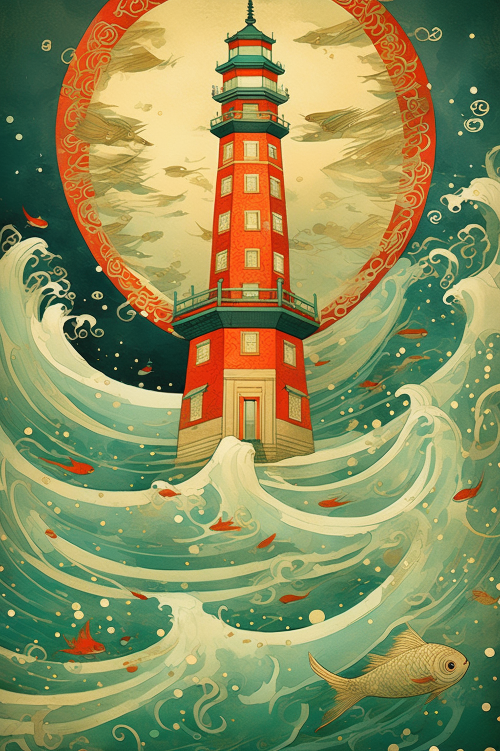 <lora:Victo Ngai Style:1>Victo Ngai Style - alexandria lighthouse, Victo ngai style, Traditional Chinese link painting