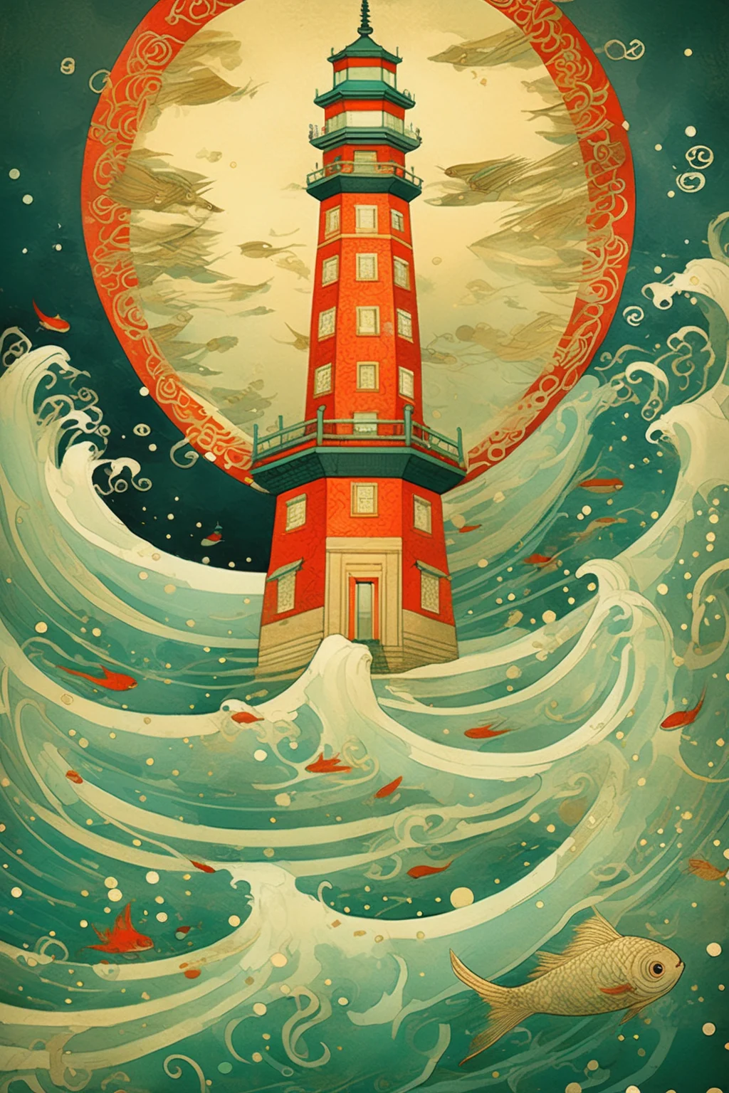 <lora:Victo Ngai Style:1>Victo Ngai Style - alexandria lighthouse, Victo ngai style, Traditional Chinese link painting