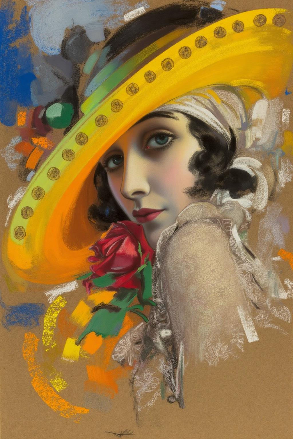 rolfarmstrong1 illustration. 
A woman, shown in side profile, is wearing a wide-brimmed yellow hat with small circular details and a lace-adorned garment with floral patterns. A striking red rose is near her shoulder. She has a melancholic or bored expression and is turning her head slightly to look at the viewer. The background is a mix of abstract shapes and colors, including shades of blue, green, and orange. <lora:rolfarmstrong1_cap_d8a4:1.0><lora:862564810674414669:0>