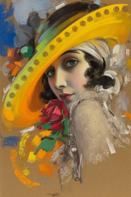 rolfarmstrong1 illustration.
A woman, shown in side profile, is wearing a wide-brimmed yellow hat with small circular details and a lace-adorned garment with floral patterns. A striking red rose is near her shoulder. She has a melancholic or bored expression and is turning her head slightly to look at the viewer. The background is a mix of abstract shapes and colors, including shades of blue, green, and orange. <lora:rolfarmstrong1_cap_d8a4:1.0><lora:862564810674414669:0>