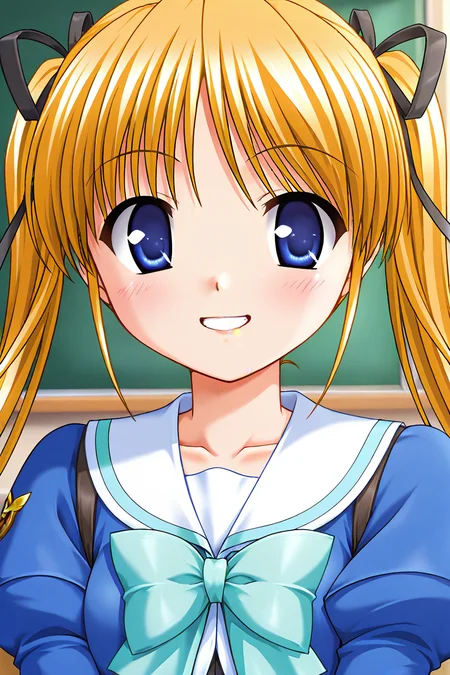 masterpiece, best quality, absurdres, official art, official style, rating generael BREAK <lora:shibugakimatsuri_IL_v1-3:0.7>, shibugaki matsuri, 1girl, solo, blonde hair, blue eyes, very long hair, bangs, twintails, hair ribbon, black ribbon, small breasts, winter uniform, school uniform, blue jacket, juliet sleeves, emblem, green ribbon, arm ribbon, white sailor collar, collarbone, green bowtie, white shirt, purple vest, upper body, portrait, close-up, indoors, classroom,
blush, grin, looking at viewer, open mouth, teeth