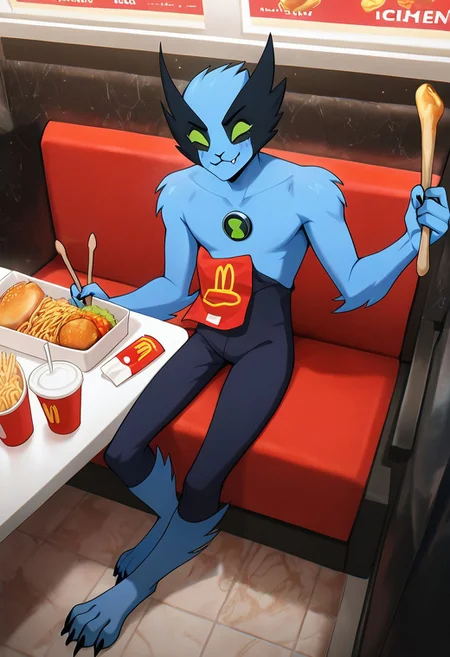 masterpiece, best quality, amazing quality, very aesthetic, absurdres, newest,, detailed background, 
fastrack, solo, blue skin, green eyes,  claws, green badge, fang,, feline tail,  wide jaw, masculine, blue chest, digitigrade legs,
in restaurant, fast food chain, inside mcdonalds, eating chicken, holding chicken drumsticks, :3, smile, cute, from above
