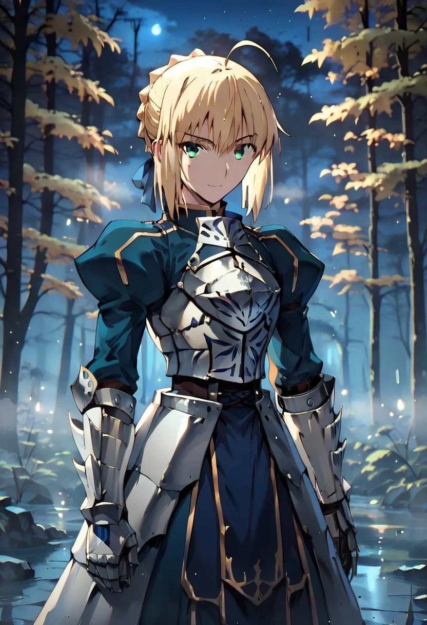 score_9, SaberFS,
1girl, solo, light smile,
blonde hair, green eyes, short hair, french braid, ahoge,
SaberArmor, breastplate, blue dress, gauntlets, juliet sleeves, faulds,
standing, looking at viewer,
outdoors, night, blue theme, fog, forest