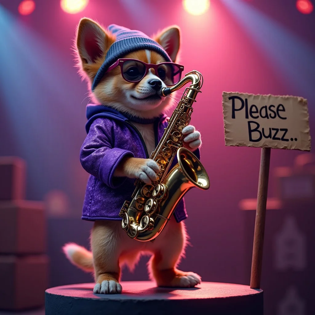 A cute puppy playing the saxophone up on a high pedestal, wearing a beanie, shades, a purple sparkling jacket, disco lights, photorealistic, a cardboard sign that says "Please Buzz...", colourful, epic, cinematic shot,
