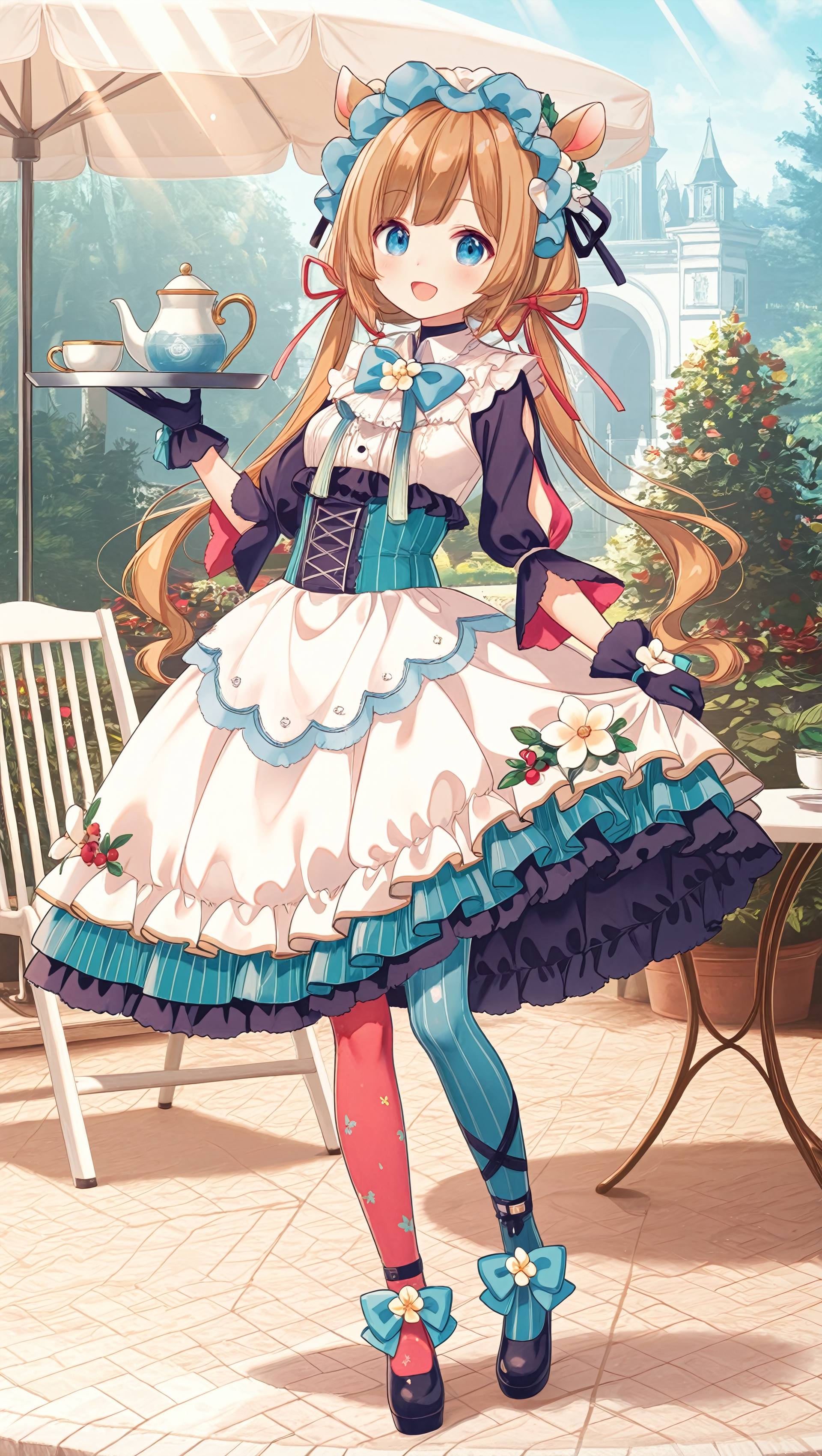 standing, contrapposto, full body, 
smile, open mouth, holding teaset on metal tray,
<lora:niji-eli:1> nijieli,small breasts,blue eyes,brown hair,animal ears,deer ears,long hair,low twintails,red ribbon,, nijielicos,white shirt,frilled shirt,blue bowtie,black sleeves,puffy sleeves,corset,white skirt,frilled skirt,layered skirt,long skirt,white flower,asymmetrical pantyhose,two-tone pantyhose,split-color pantyhose,blue and red pantyhose,headdress,black gloves,,
palace garden, outdoor, day time, sunny day,  light rays, garden table, garden chair,, <lora:illustriousXLv01_stabilizer_v1.164:0.4>
 <lora:add-detail-xl:1.5> <lora:Detail-Enhancer-v1.0:1>, masterpiece,best quality,amazing quality,
 detailed, high_detail, high resolution, 4K,HDR,high detailed, ultra detailed, high res, amazing quality,very aesthetic, absurdres absolutely resolution, newest, texture,  elaborate background,