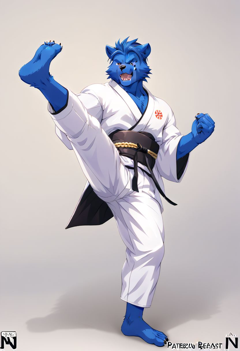 (((Barefoot furry character, full body, cinematic setting, furry male, plantigrade))) 
(((Beast from X-Man))), muscular, beefy, brawny, (((wears white kimono and lonh white pants))), (((performs karate kick))), blue fur on entire body
BREAK, detailed background, 8K, (masterpiece:1.5), intricate details, highly detailed, extreme detail, octane render, fine art, best quality, highres, (detailed face:1.5), ((full_body)), UHD, (((perfect hands))), low light