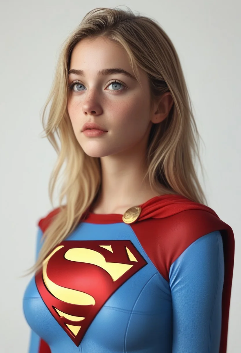 score_9, score_8_up, score_7_up, score_6_up, realistic, photorealism, high definition, detailed, 1girl, solo, cute face, round face, petite body, blonde hair, long hair, clear eyes, freckles:0.5, natural saggy:1.2 breasts, large breasts, very cute, cute:1.2, supergirl outfit