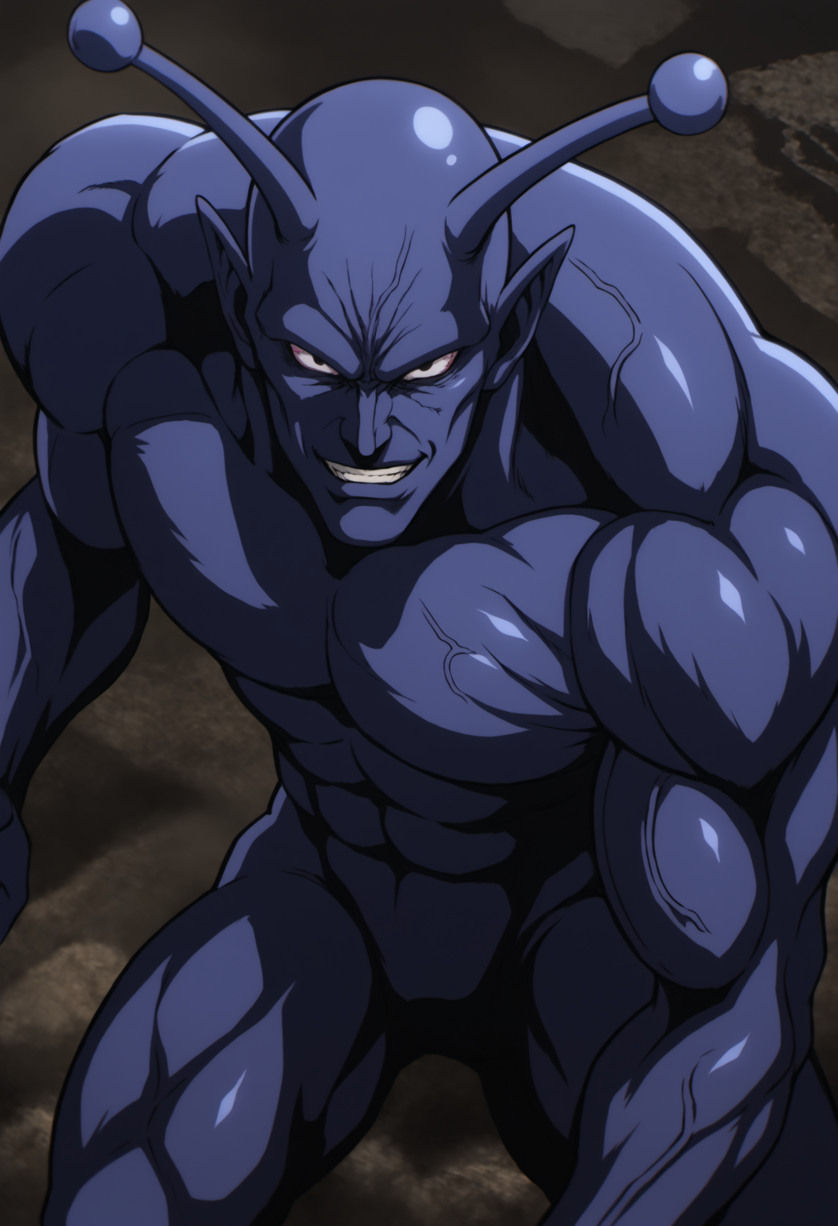 solo_focus, vaccineman_onepunchman, monster, purple skin,black eyes, pointy ears, white_sclara, antennae, veiny, score_8_up, score_7_up, score_6_up, score_9, manly, muscular, stocky body, big muscle, big arms, middle-age man, a man on ruin street, broken building,  dark sky, centered, face_focus, detailed eyes, 8k uhd, high quality, fight pose, from behind, evil_grin, smile, close up, looking at viewer