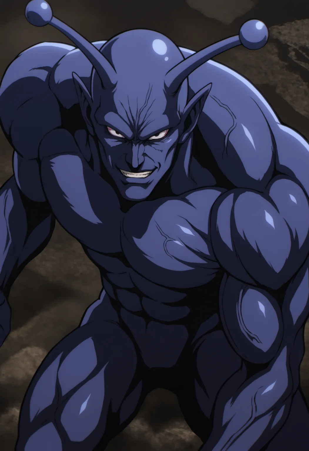 solo_focus, vaccineman_onepunchman, monster, purple skin,black eyes, pointy ears, white_sclara, antennae, veiny, score_8_up, score_7_up, score_6_up, score_9, manly, muscular, stocky body, big muscle, big arms, middle-age man, a man on ruin street, broken building, dark sky, centered, face_focus, detailed eyes, 8k uhd, high quality, fight pose, from behind, evil_grin, smile, close up, looking at viewer