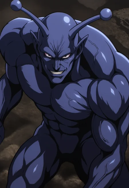 solo_focus, vaccineman_onepunchman, monster, purple skin,black eyes, pointy ears, white_sclara, antennae, veiny, score_8_up, score_7_up, score_6_up, score_9, manly, muscular, stocky body, big muscle, big arms, middle-age man, a man on ruin street, broken building,  dark sky, centered, face_focus, detailed eyes, 8k uhd, high quality, fight pose, from behind, evil_grin, smile, close up, looking at viewer