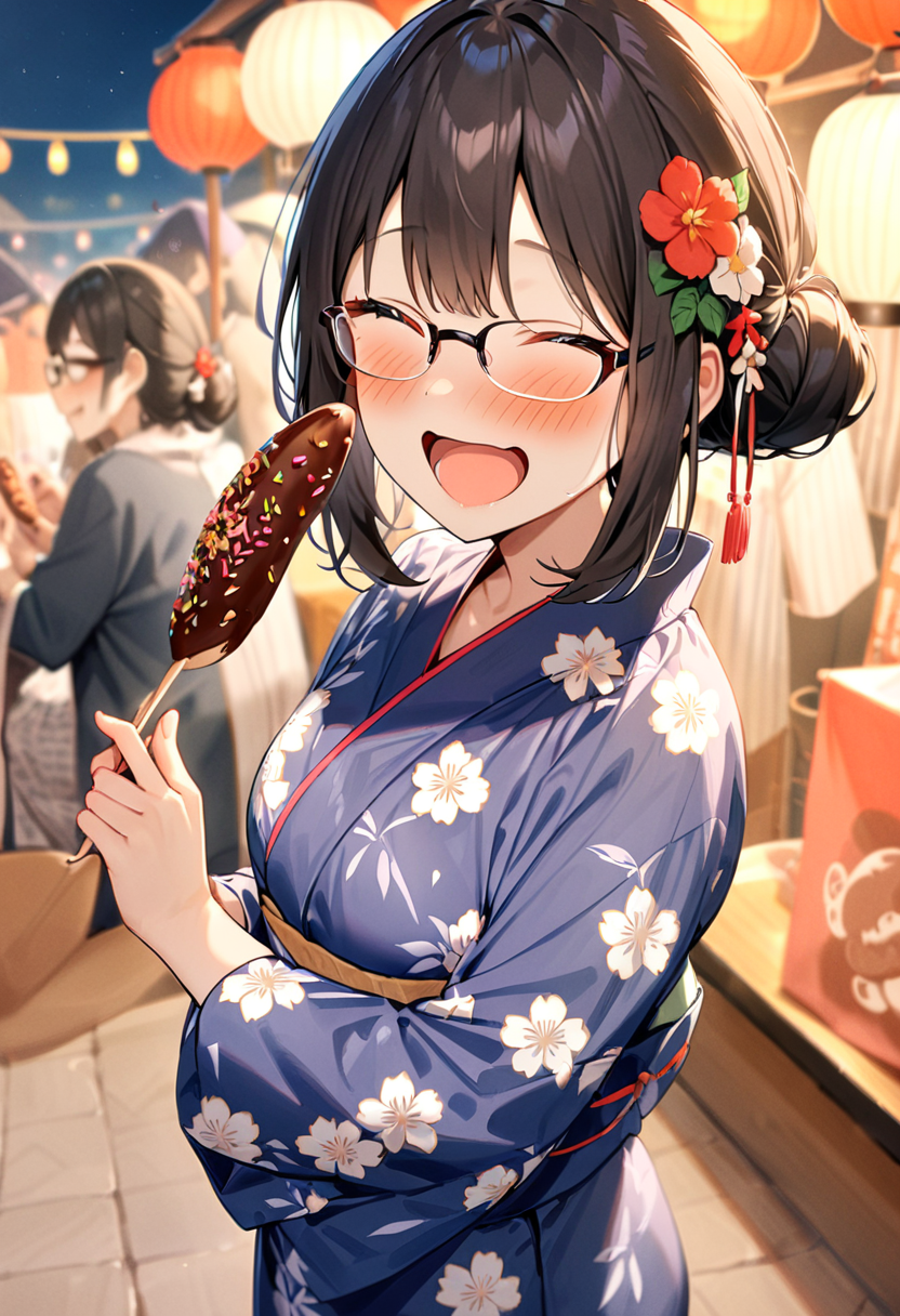 masterpiece, best quality, very aesthetic, absurdres,
chocolate banana, 1girl, solo, glasses, black hair, food, long hair, blush, holding, holding food, yukata, floral print, hair ornament, hair flower, hair bun, uchiwa, paper fan, paper lantern, night, blurry background, happy, laughing,  
<lora:chocolate_banana_SDXL_V1:1>