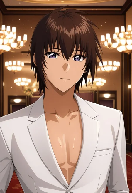 ASCII kira_yamato, hair parting left, 1man, mature adult male focus, white shirt, white suit, solo, slim, thin waist, warm beige skin, brown hair,
detailed symmetric glossy eyes, expressive eyes, large purple eyes, looking at the viewer,
sexy posing, in a banquet hall, sweaty,
full body portrait,
masterpiece, best quality, ultra high res, intricate detail, clamshell warm lighting