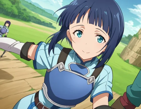 score_9, score_8_up, score_7_up, source_anime,
saosachi, <lora:sao-sachi-s1-ponyxl-lora-nochekaiser:1>,
sachi, short hair, blue eyes, blue hair, mole, mole under eye, bangs, blunt bangs,
gloves, elbow gloves, belt, armor, breastplate, shirt, blue shirt,
outdoors, landscape, bent over, smile,
looking at viewer, cowboy shot, solo, dutch angle,