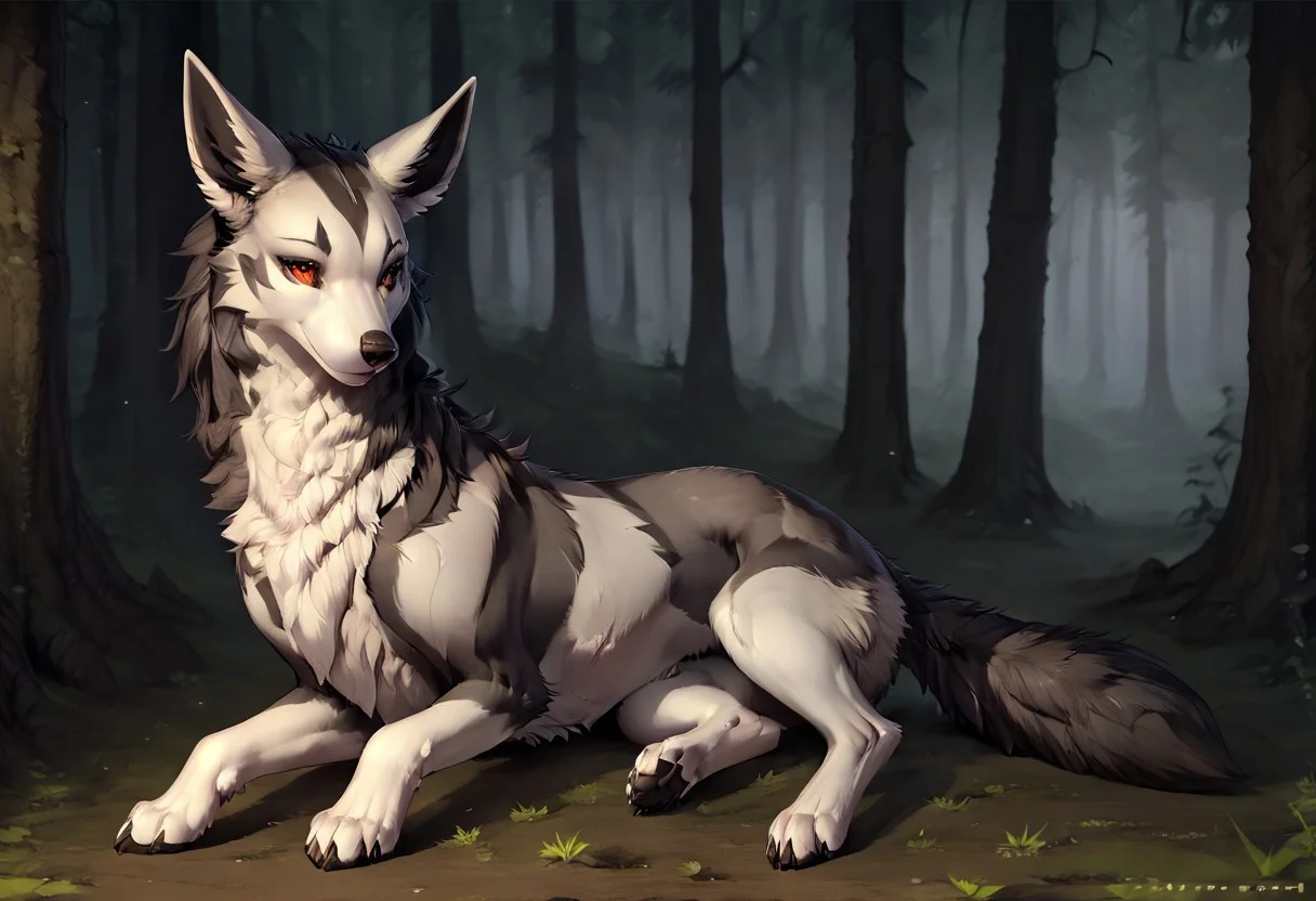 score_9, score_8_up, score_7_up, ultra hi res, by reallynxgirl, uploaded on e621, rating_safe, safe content, 3d, ((feral)),  feral wolf, female, solo, mightyena,lying on side, forest, detailed background