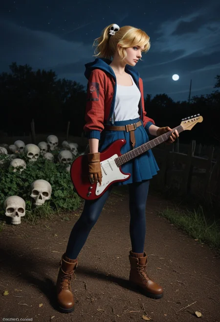 score_9, score_8_up, score_8, 1girl, electric guitar, holding guitar, field of view, dynamic pose, dynamic angle, detailed backgrounding , standing in crypt, dark crypt, nighttime, moonlight,
rift cadence, rift cadence, solo, skirt, blonde hair, shirt, hair ornament (skull), gloves, green eyes, jacket, suspenders, ponytail, pantyhose, boots, open clothes, belt, hood, fingerless gloves, open jacket, blue skirt, brown footwear, red jacket, brown gloves, (masterpiece, detailed:1.2), Dark Fantasy page