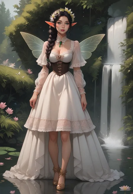 safe_pos, Expressiveh, score_9, score_8_up, score_7_up, 1girl, female_focus, elf female, long black hair, fairy wings, flower crown, braided hair, gold hair tie, green eyes, freckles, short pointed ears, milf, victorian dress, happy, flowery meadow, pond, waterfall, full body shot