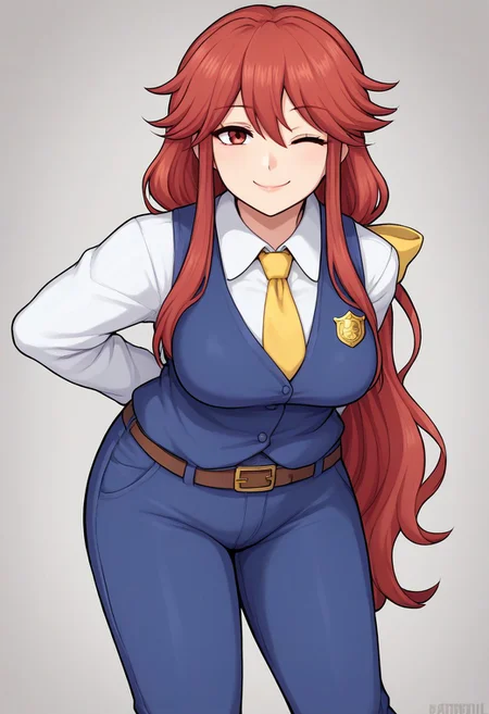 score_9, score_7_up, source_anime, source_cartoon, perfect face, perfecteyes, BREAK, (illustration), intricately detailed illustration, Exquisite color design, (best quality, ultra detailed), smooth skin, high details, (1girls), mature female, beauty, thick thighs, big breasts,  kotohime (touhou), long hair, red hair, low-tied long hair, hair bow, yellow bow, red eyes, white shirt, collared shirt, long sleeves, yellow necktie, blue vest, brown belt, blue pants, hands behind back, bent forward, looking at viewer, wink, wide smile, closed mouth, simple background, police badge,