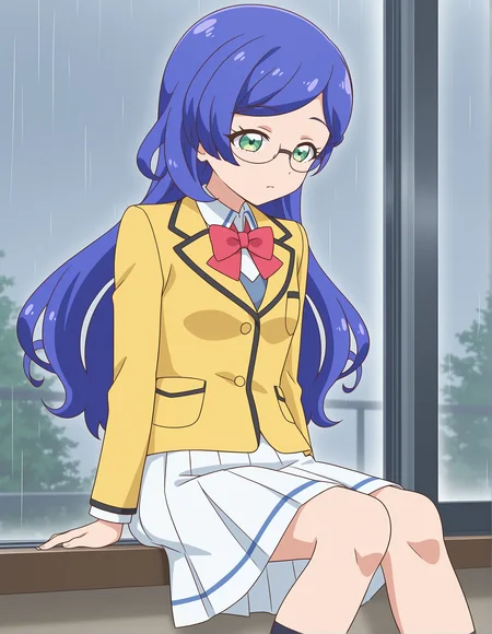 safe,best quality,very aesthetic,absurdres,newest,masterpiece,1girl,solo,highres,anime coloring,pain,1girl, sitting on a windowsill, watching rain, solo, peaceful, reflective, ,pov,,open eyes ,<lora:il-prichan-rinka1.0:1>,aoba rinka,glasses,semi-rimless eyewear,kiratto pri chan,blue hair,long hair,asymmetrical bangs,green eyes,small breasts,yellow jacket,collared shirt,bowtie,red bow,pleated skirt,white skirt,anime screenshot,
