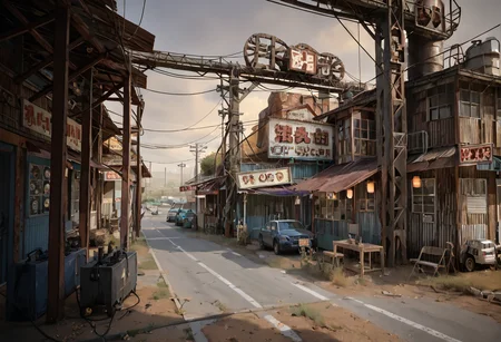 ,ruanyi0776,cable,power lines,1girl,<lora:0776 wasteland punk_v1_pony:1>, score_9,score_8_up,score_7_up,,8k,1girl,solo,