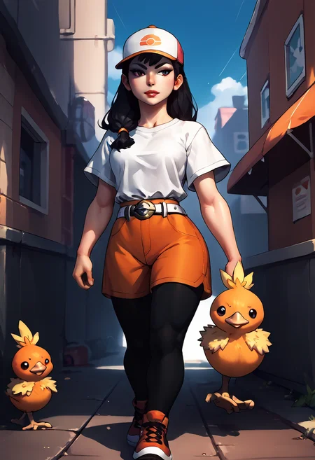score_9, score_8_up, score_7_up, score_6_up, score_5_up, score_4_up, <lora:chunliSDXL:1> chunliSDXL, cap, good hands, torchic on shoulder, pokeball at belt, black hair, makeup, walking, <lora:torchic_pony_v1:1>, <lora:incase-ilff-v3-4:0.8>, <lora:BoldCAT_P3:0.7>