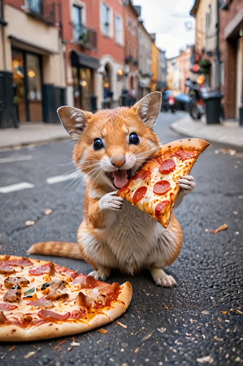 Rat on the street eating a slice of pizza<lora:sdxl_lightning_8step_lora:1>