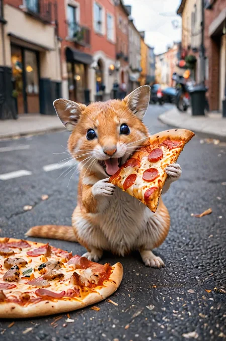Rat on the street eating a slice of pizza<lora:sdxl_lightning_8step_lora:1>