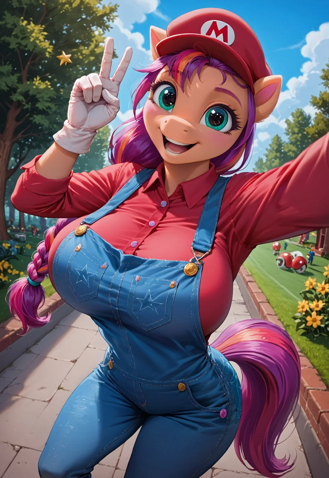 score_9, score_8_up, score_7_up, score_6_up, score_5_up, score_4_up, source_pony, my little pony, anthro pony, 1girl, solo, sexy, round breasts, beautiful, detailed, high detailed, very beautiful, detailed cute pony face, detailed eyes, detailed hand, detailed fur, vibrant colors, vector, huge breasts, dynamic pose, super-wide angle shot, extreme perspective, Sunny Starscout_(mlp), (make your mark:1.0), 5fingers, (from above:1.3), selfie, <lora:mario-cosplay-ponyxl-lora-nochekaiser:1>, mariocosplay, mario \(cosplay\), blue overalls, overalls, shirt, red shirt, long sleeves, collared shirt, hat, red hat, gloves, forrest, Star, Hoovesart, peace, mouth abit open, star, pony ears, ears down,