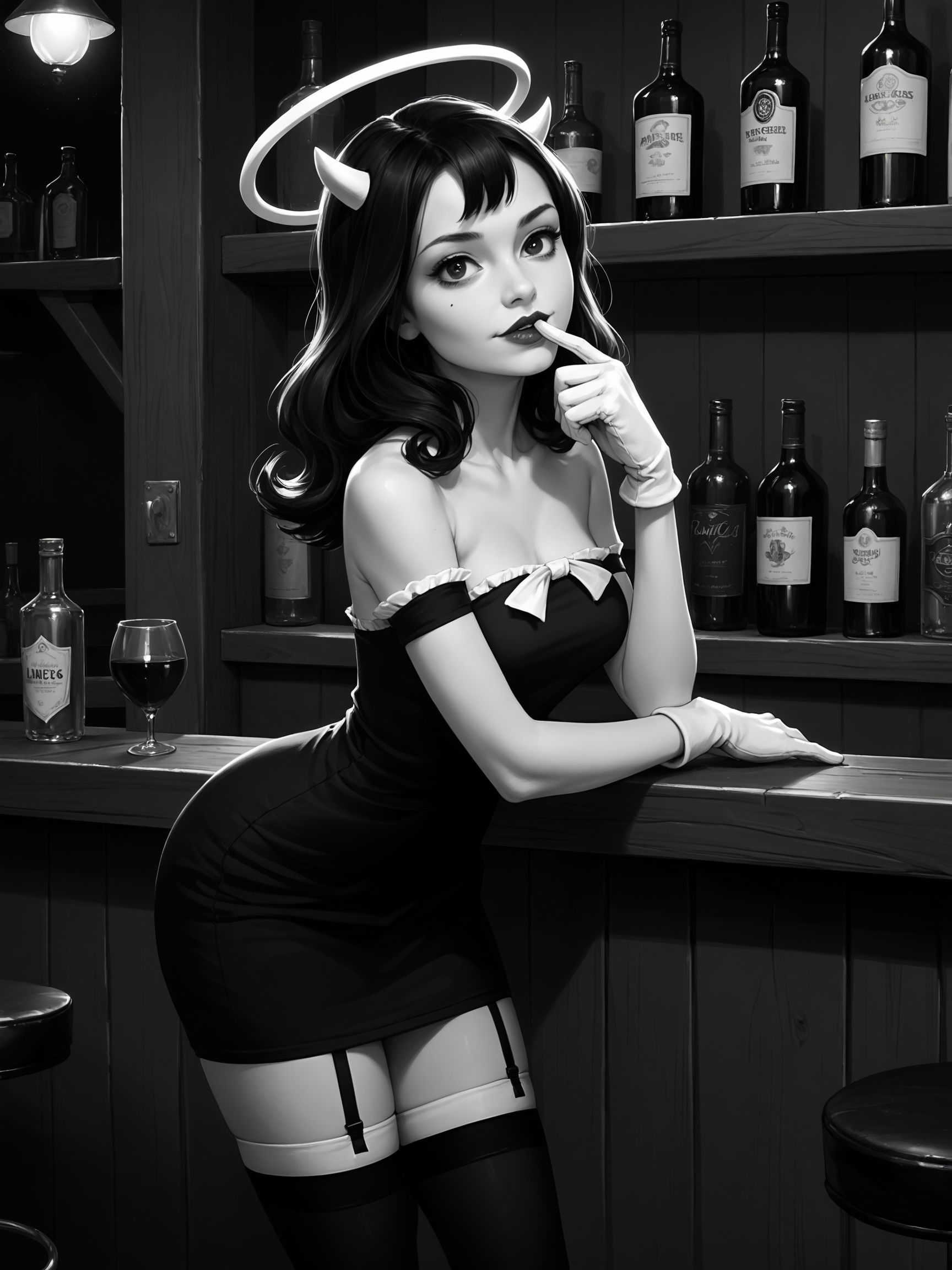 score_9, score_8_up, score_7_up, score_6_up, score_5_up, score_4_up, realistic,
1girl, alice angel <lora:alice_angel_(batim)-PD-1.0:1>,
bar, leaning against counter, flirting, sexy, coy, monochrome, short dress, bare shoulders, bent over, seductive, garter straps, thighhighs, finger to mouth, gloves