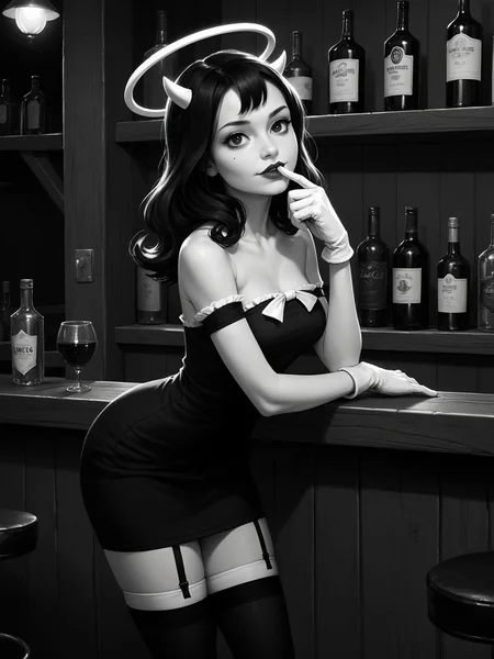 score_9, score_8_up, score_7_up, score_6_up, score_5_up, score_4_up, realistic,
1girl, alice angel <lora:alice_angel_(batim)-PD-1.0:1>,
bar, leaning against counter, flirting, sexy, coy, monochrome, short dress, bare shoulders, bent over, seductive, garter straps, thighhighs, finger to mouth, gloves
