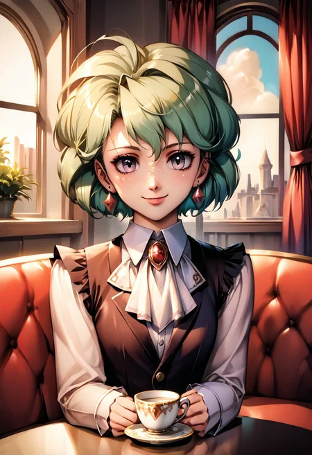 score_9, score_8_up, score_7_up, source_anime, , (best quality) , (highly detailed) , (best quality) , (highly detailed) ,((masterpiece)), ((best quality)), (ultra-detailed), ((extremely detailed)), (high resolution), 4K, (8K), best quality, (beautiful), (dynamic lighting), (super detailed skin), sharp focus, (1_girl, solo focus), shiny skin, masterpiece ,absurdres ,detailed face ,<lora:pony_xl_Hildegard:0.8>,Hildegard,score_9,score_8_up,1girl,female,kawaii,solo,short hair,earrings,suit,white collared shirt,ascot,brooch,upper_body,looking_at_viewer,smile,closed mouth,sitting,couch,table,window_,curtains,stretching your spine,cup,teacup,saucer,parody,, cinematic lighting, Intricate, High Detail, Sharp focus, dramatic, masterpiece, best quality, ultra-detailed, detailed, detailed body, detailed face, UHD, kawaii, cute, very big eyes, Aesthetic Anime Eyes,  (8k, masterpiece, best quality, ultra-detailed),