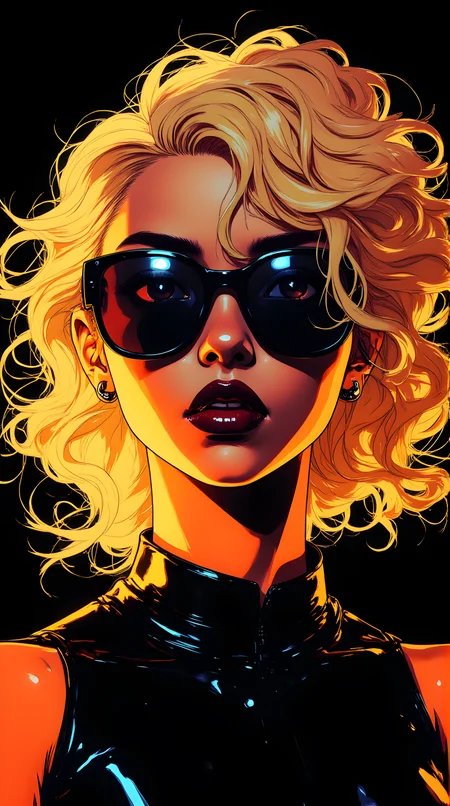 A vibrant and stylized illustration of a woman with voluminous, curly blonde hair. Her hair is styled in a way that it appears to be flowing and full of movement, adding a dynamic element to the composition. She is wearing large, dark sunglasses that cover her eyes, giving her a mysterious and cool demeanor.
Her lips are painted a bold, glossy red, which stands out against the lighter tones of her skin and hair. The lighting in the image is dramatic, with a strong light source highlighting the contours of her face and hair, creating a sense of depth and dimension.
She is dressed in a black outfit, which appears to be made of a shiny, possibly leather-like material. The high collar of her top adds to the overall edgy and modern aesthetic of the image. The background is dark, which makes the subject stand out even more prominently.
The overall style of the illustration is bold and contemporary, with a focus on sharp lines, vivid colors, and expressive details. The use of light and shadow creates a striking visual effect, making the image both eye-catching and memorable.
j_art, anime, anime art, <lora:FLUX\jul\J_Anime:1.0>, <lora:FLUX\Anime Art V3:0.1>, <lora:FLUX\RM_Artistify_v1.0M:0.1>, <lora:FLUX\RetroAnimeS1.1:0.1>