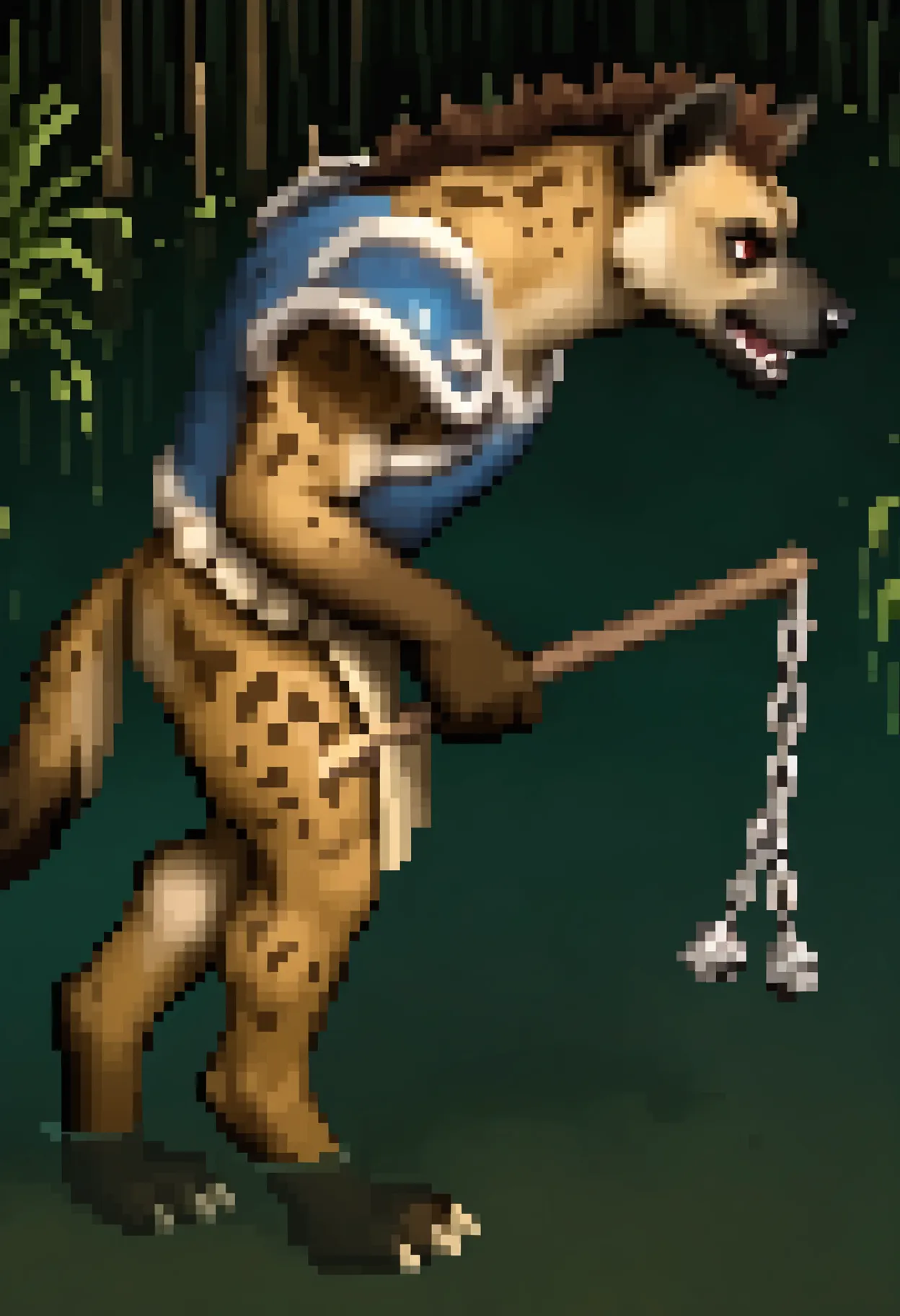 pixel art, solo, gnoll, 1boy, male, tan fur, brown fur, black snout, hyena, blue armor, full body, leather armor, tan loincloth, barefoot, holding weapon, flail, from side, three-quarter view, walking, leaning forward, facing side, looking ahead, from above, swamp, cattails, plants, water, red eyes, tail, furry, anthro,
, <lora:noobai_ep11_stabilizer_v0.138_fp16:0.8> <lora:Gnollv5Noobs95:1>