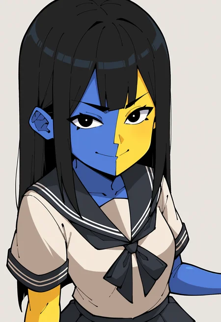 score_9, score_8_up, score_8, source_anime, 1girl, <lora:Ena:0.85> (solo), colored skin, black hair, yellow skin, blue skin, black eyes, seifuku, sailor outfit, looking at viewer,
simple background,