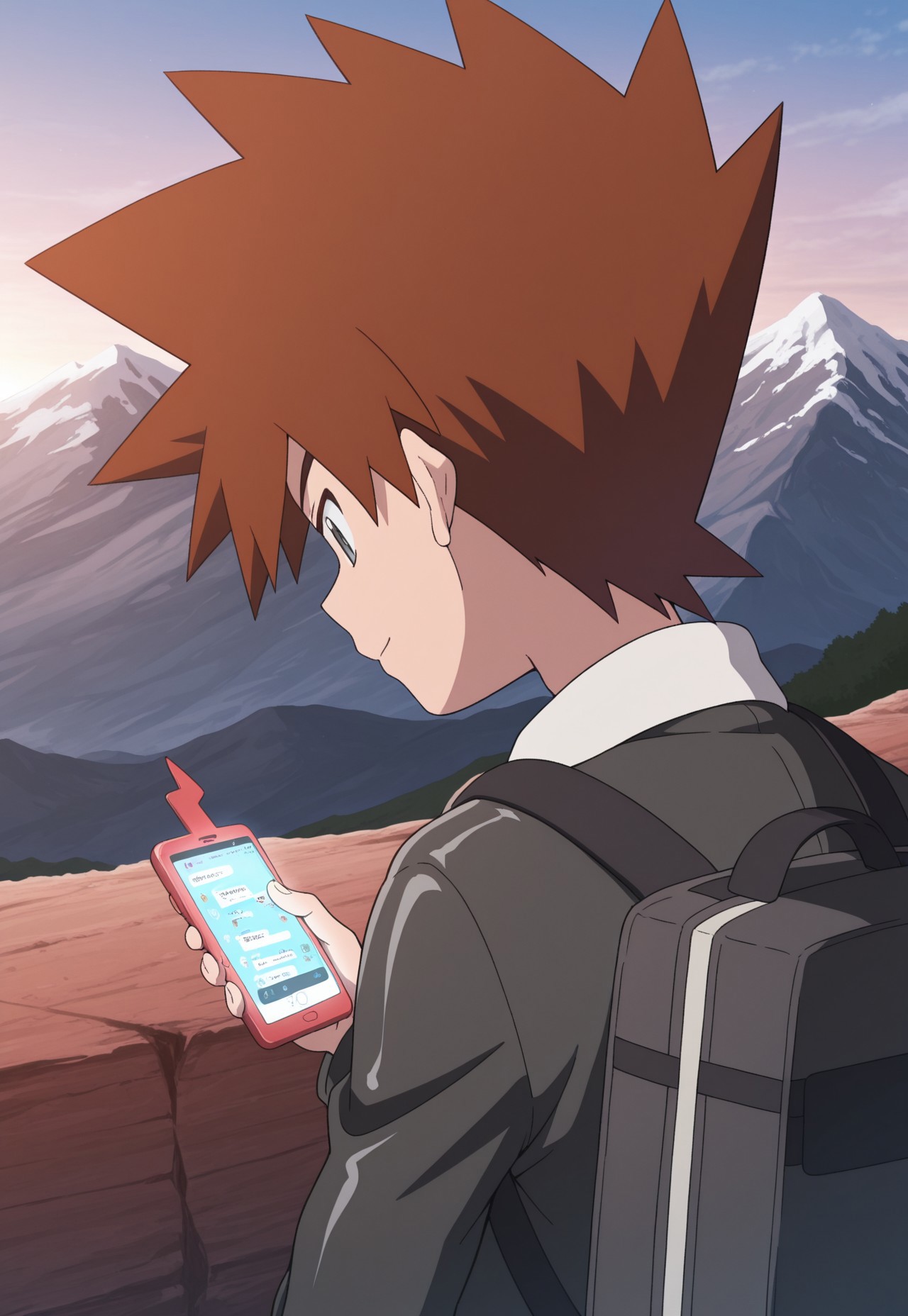 masterpiece,best quality,amazing quality, source_anime, 

shige_jou, 1boy, male focus, solo, grey eyes, brown hair, spiked hair, shirt, white shirt, collared jacket, jacket, black jacket, backpack, from back, holding phone, looking phone, light smile, closed mouth,

outdoor, mountains, 