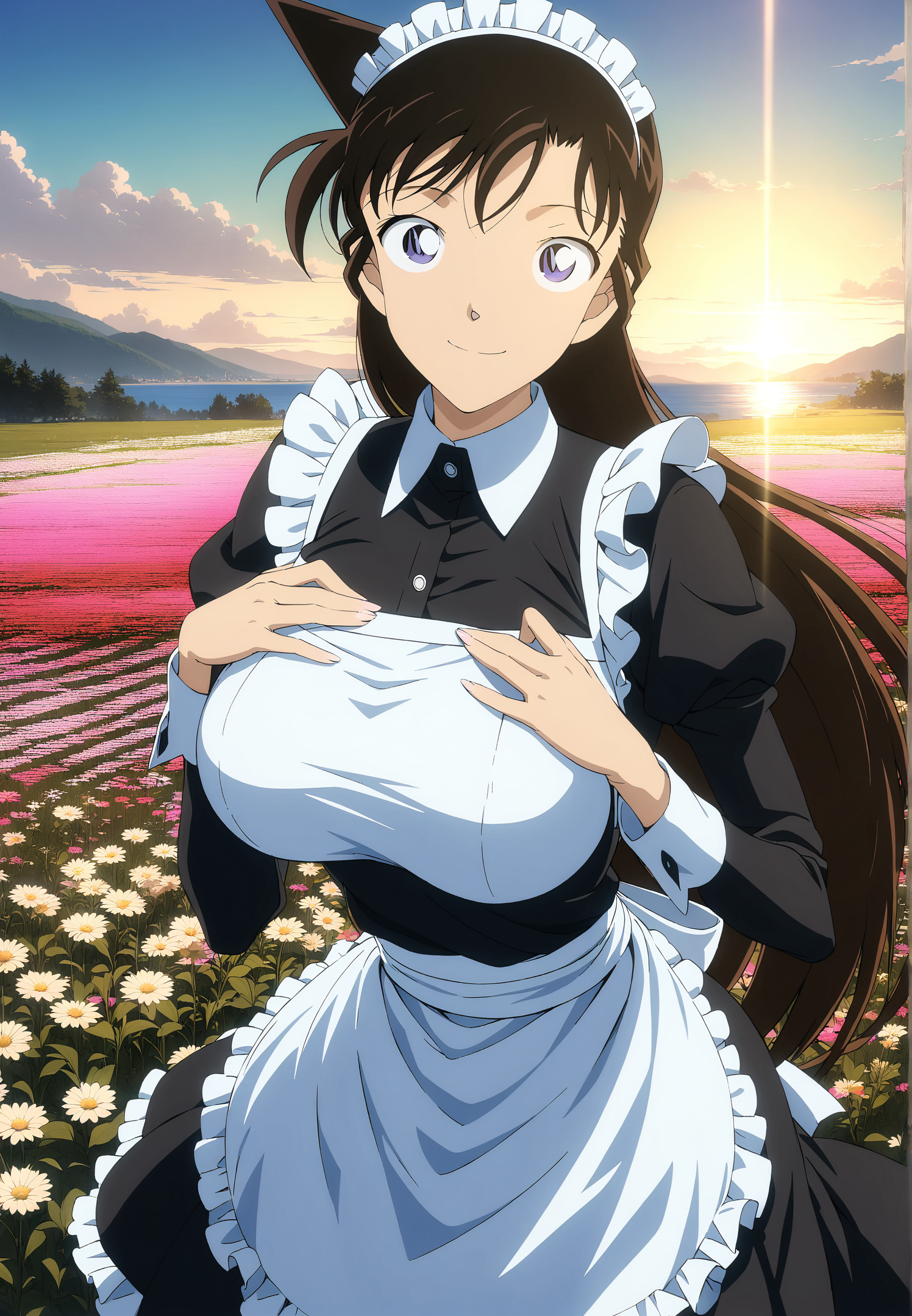 masterpiece, best quality, very aesthetic, ultra detailed, intricate details, 4k, anime style,
mouriranai, 1girl, solo, smile, brown hair, blue eyes, long hair, breasts, large breasts, lens flare, medium breasts,
maid, maid headdress, maid apron, apron, lace trim, lace, long sleeves, puffy sleeves, mouri ran, 
cowboy shot, looking at viewer, hands on own chest, outdoors, sunlight, horizon, field, flower, flower field, <lora:Mouri_XL:1>