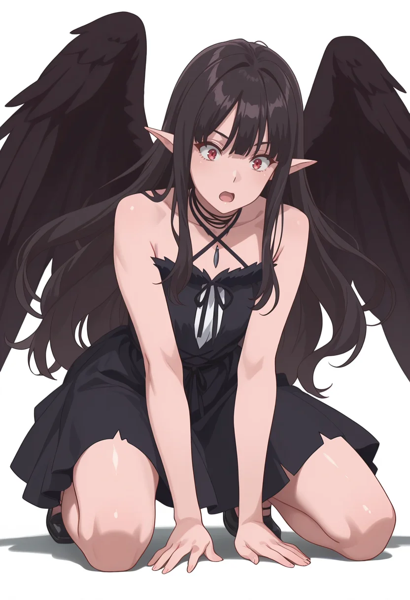 Smooth Quality,masterpiece,very intricate, high quality details, ultra realistic, high detailed skin,detailed enviorement,absurdres,
simple background, white background,
,front view,surprised,kneeling pose, one hand on the ground, other hand reaching forward, focused gaze, tense muscles,  ,
 <lora:Reese_evecnn:0.8>evecnn,1girl, long hair, black hair, red eyes, pointy ears, bangs, 
black dress, sleeveless dress, halterneck, criss-cross halter, choker, shoes, black footwear, black wings, feathered wings,