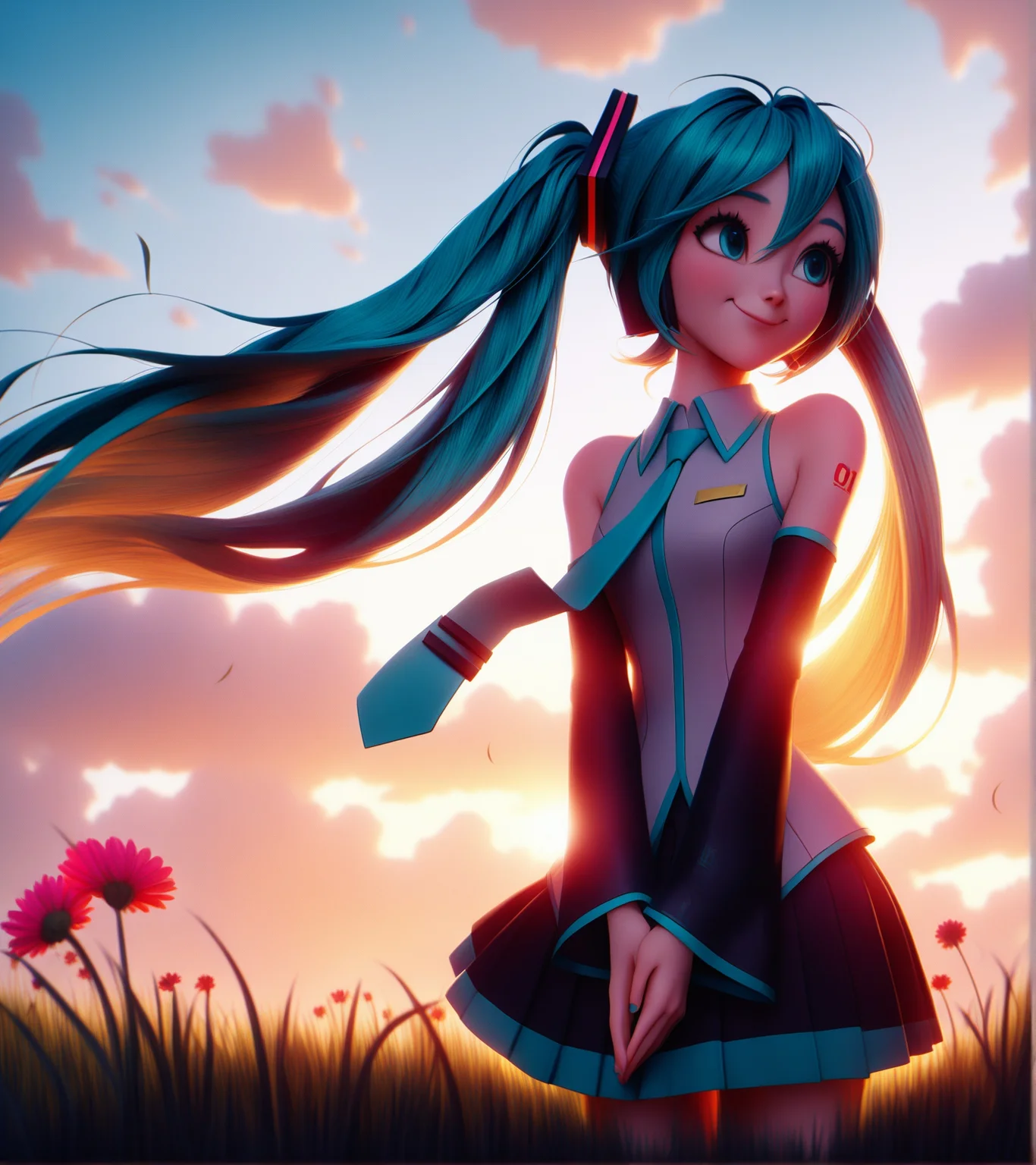 hatsune miku, vocaloid, grass, flower, sky, cloud, sunlight, solo, 1girl, long hair, twintails, necktie, pleated skirt, wind, smile, detached sleeves, hands together, looking back, backlighting, rim lighting, detailed, detailed hair, absurdres, 3d, artist:bing3d, <lora:b3d-v2-noob-vpred10:1>