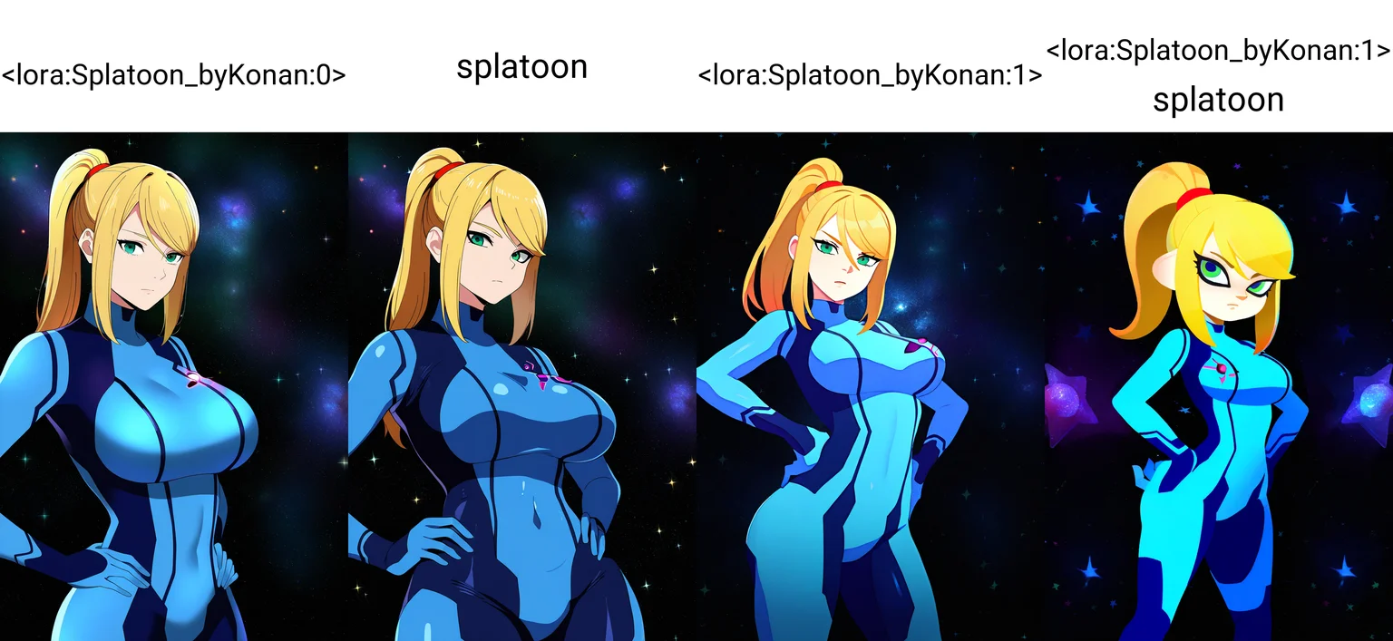 (black background, galaxy background, starry background:1.8),
1girl, samus aran, green eyes, blonde hair, medium hair, ponytail, sidelocks,
blue bodysuit,
looking at viewer, standing, hands on hips,
best quality, amazing quality, very aesthetic, absurdres, <lora:Splatoon_byKonan:0>