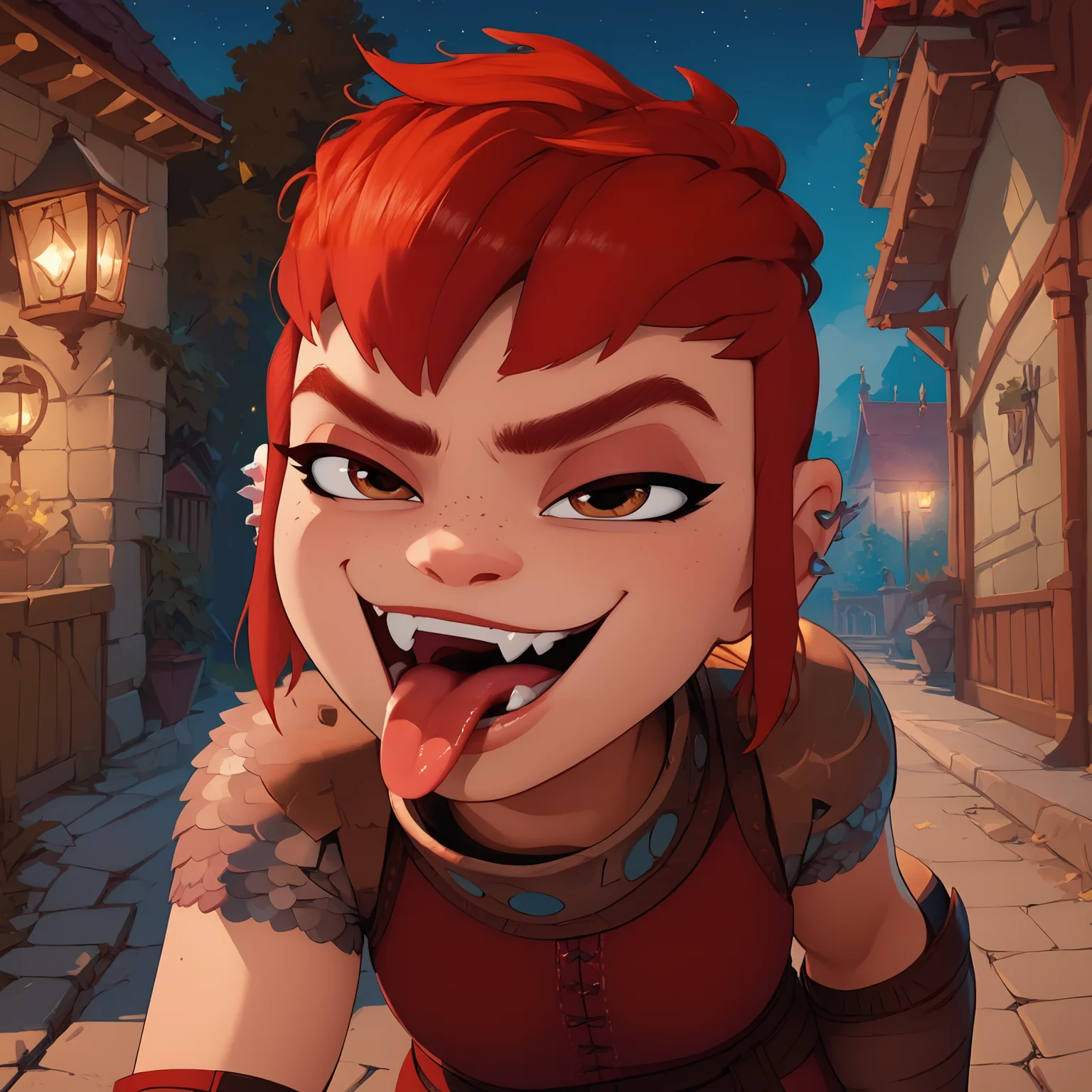 score_9,score_8_up,score_7_up,score_6_up, good_hands, better_hands, NimonaXL, short red hair, sidelocks, brown eyes, smug, open mouth, tongue, ear piercing, miniskirt, red tunic, looking at viewer, fingerless gloves, shoulder armor, fang, tongue out, standing, night, outdoors,<lora:Nimona:0.9> <lora:pony_good_hands:1> <lora:Pony_DetailV2.0:1>