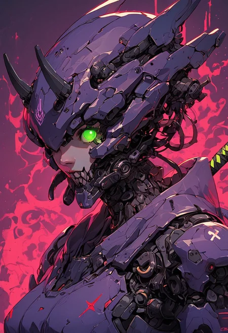 score_9,score_8_up,score_7_up, solo, 1woman, upper body, dark purple armor, simple neon background, no humans, glowing, glowing green eyes, helmet, devil horns, robot, insectoid, mecha, oni-demon, cyberpunk outfit, heavy weaponized, samurai, katana blade, science fiction, cyborg, mechanical parts, humanoid robot, agile, science fiction, sinozick style, flat color, dark theme, cowboy shot, Expressiveh