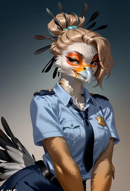 score_9, score_8_up, score_7_up, (by zummeng:1.5), (by jailbird:1.5), (by kittydee:1.5), masterpiece, best quality, (solo),
(Furry Art : Anthro: secretary bird:1.5), 1girl, expressive eyes, feminine eyes, perfect face, feminine face, (light brown hair:1.5), (updo hair:1.5), feminine body, medium breasts, bird of prey, orange face markings around eyes, multicolored body, white feathers, black feathers, grey feathers, black thigh feathers, long legs, long head feathers, (police uniform:1.5), (police skirt), (grey eyes), (humanoid hands)